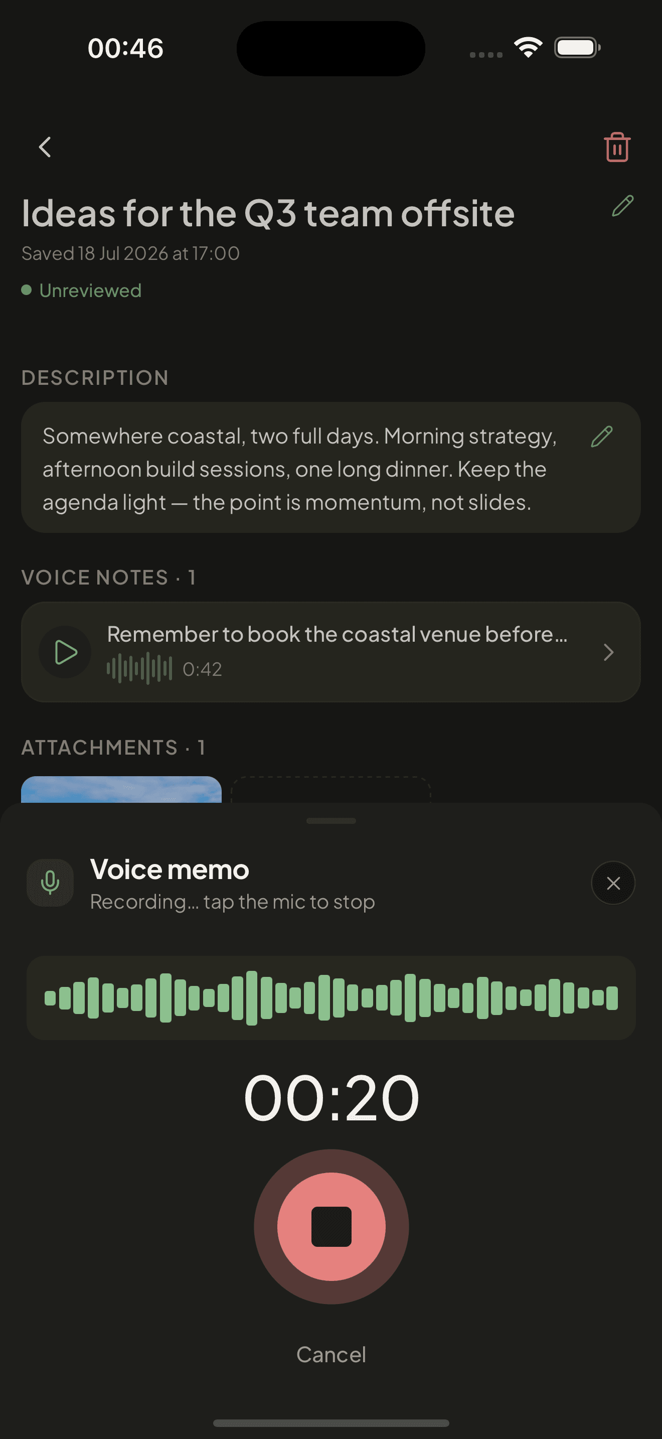 Recording a voice memo into a note